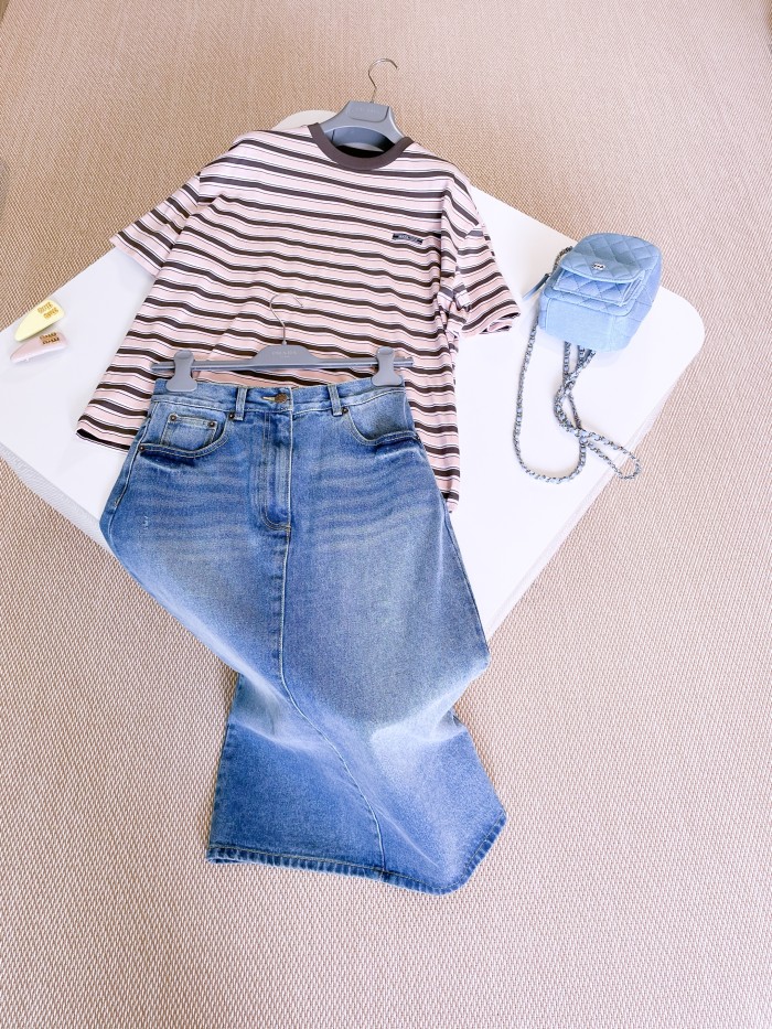 NIGO Prada Women's Summer Colour Block Stripe Print Round Neck Cotton Short Sleeve T-Shirt #nigo76677