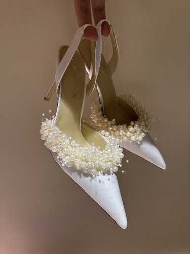 NIGO Mach & Mach Women's Spring, Summer And Autumn Pointed Toe Pearl Decorated Satin Solid Color High Heels Fine Heeled 8.5cm Casual Sandals Shoes Ngvp #nigo1532