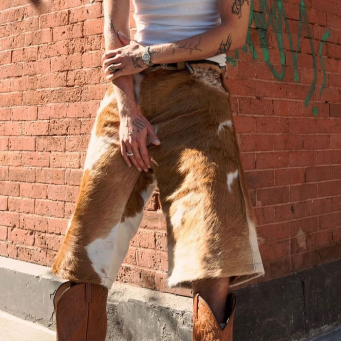 NIGO Self-branded Spring And Summer New 1of1 Leather Cow Fur Shorts High Street Trend Fashion Hip-hop Style Versatile Luxury Wide-legged Shorts Ngvp #nigo1583