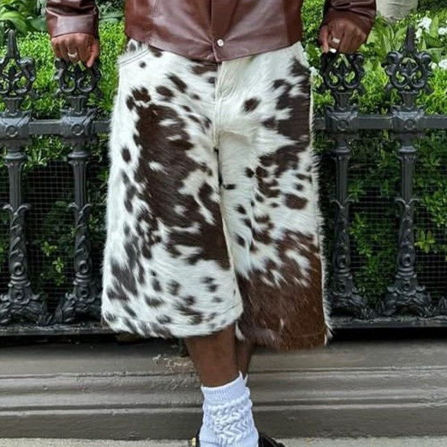 NIGO Self-branded Spring And Summer New 1of1 Leather Cow Fur Shorts High Street Trend Fashion Hip-hop Style Versatile Luxury Wide-legged Shorts Ngvp #nigo1583