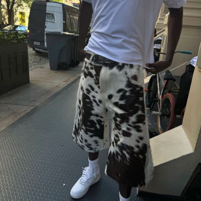 NIGO Self-branded Spring And Summer New 1of1 Leather Cow Fur Shorts High Street Trend Fashion Hip-hop Style Versatile Luxury Wide-legged Shorts Ngvp #nigo1583