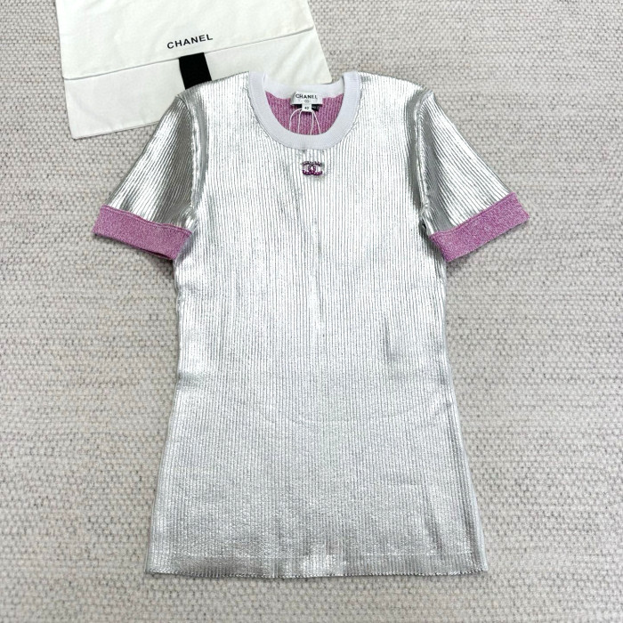 NIGO Chanel Top-quality version Women's Summer Round Neck Colour Block Silver Short Sleeve T-Shirt  Silver Skirt   #312688