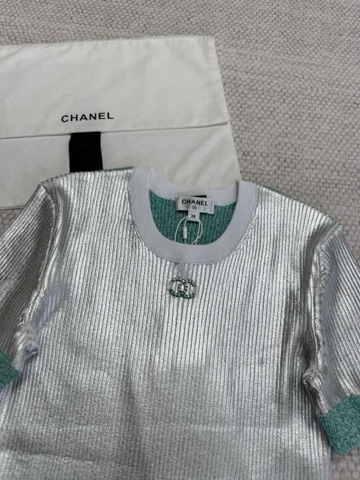 NIGO Chanel Top-quality version Women's Summer Round Neck Colour Block Silver Short Sleeve T-Shirt  Silver Skirt   #312688