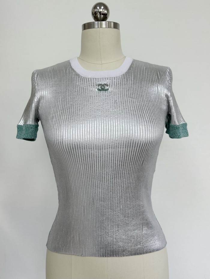 NIGO Chanel Top-quality version Women's Summer Round Neck Colour Block Silver Short Sleeve T-Shirt  Silver Skirt   #312688