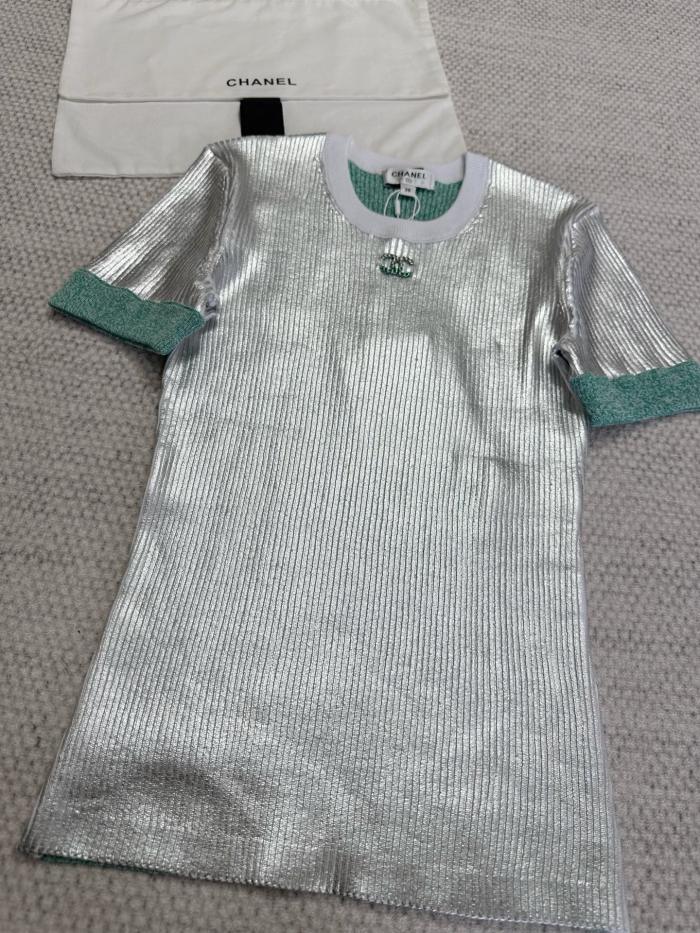 NIGO Chanel Top-quality version Women's Summer Round Neck Colour Block Silver Short Sleeve T-Shirt  Silver Skirt   #312688