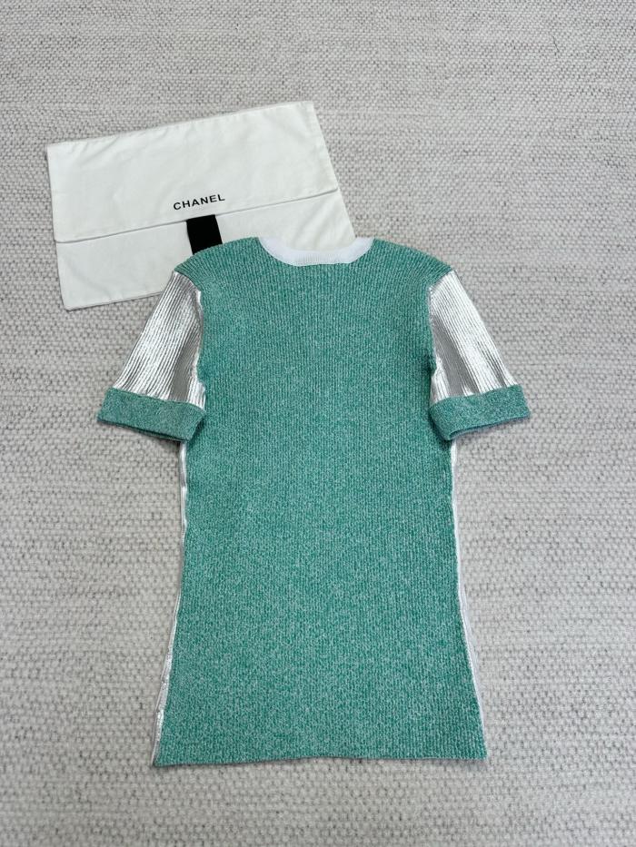 NIGO Chanel Top-quality version Women's Summer Round Neck Colour Block Silver Short Sleeve T-Shirt  Silver Skirt   #312688