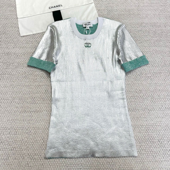 NIGO Chanel Top-quality version Women's Summer Round Neck Colour Block Silver Short Sleeve T-Shirt  Silver Skirt   #312688