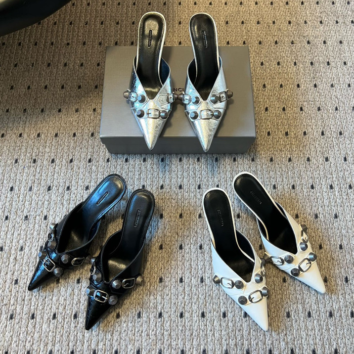 NIGO Balenciaga Cowhide Metal Buckle Rivets Pointed Toe Slippers Female External Wear High Heel Half Slippers Fine Heel 8.5cm Ngvp #nigo1594