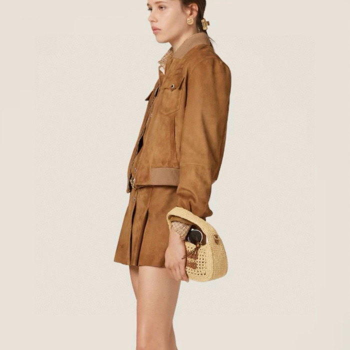 NIGO MiuMiu Women's Logo Letters Retro Suede Jacket Loose Short Section Spring And Autumn Long-Sleeved Jacket #nigo81191