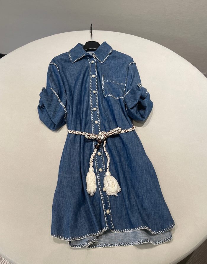 NIGO Zimmermann Women's Spring Summer Solid Colour Tassel Belt Denim Single Breasted Short Sleeve Dresses #nigo76731