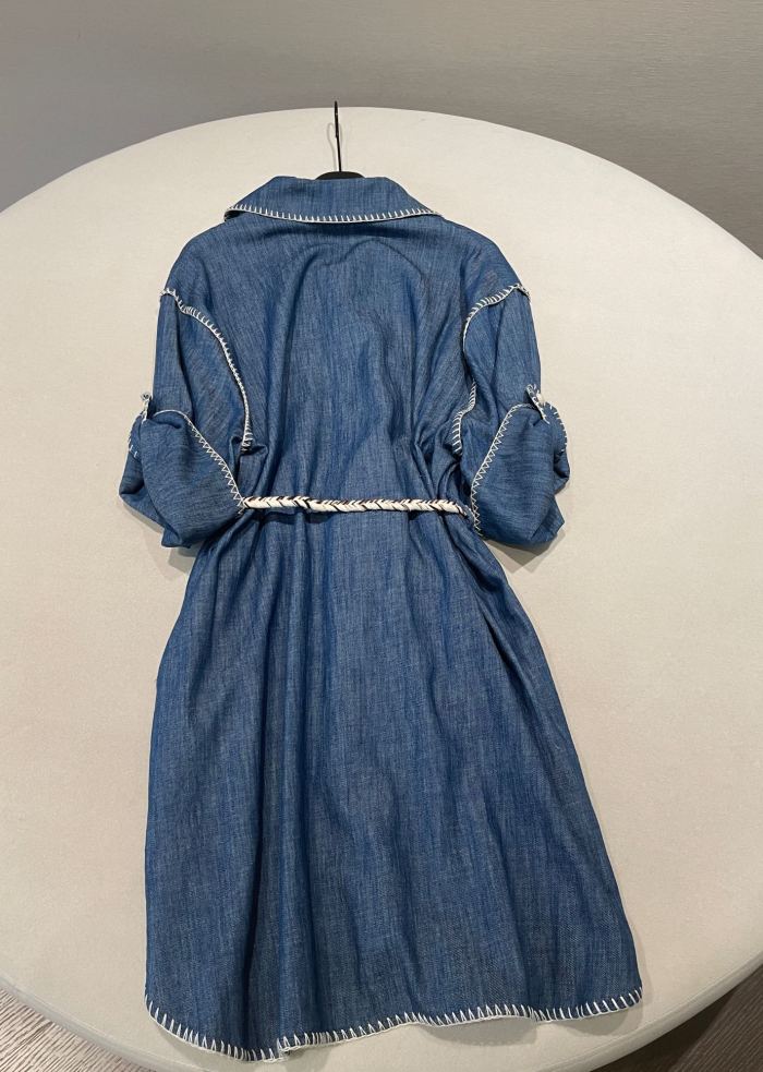 NIGO Zimmermann Women's Spring Summer Solid Colour Tassel Belt Denim Single Breasted Short Sleeve Dresses #nigo76731