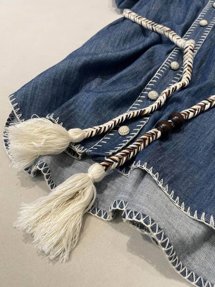 NIGO Zimmermann Women's Spring Summer Solid Colour Tassel Belt Denim Single Breasted Short Sleeve Dresses #nigo76731
