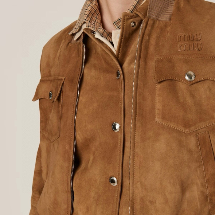NIGO MiuMiu Women's Logo Letters Retro Suede Jacket Loose Short Section Spring And Autumn Long-Sleeved Jacket #nigo81191