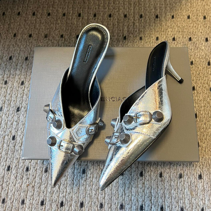 NIGO Balenciaga Cowhide Metal Buckle Rivets Pointed Toe Slippers Female External Wear High Heel Half Slippers Fine Heel 8.5cm Ngvp #nigo1594
