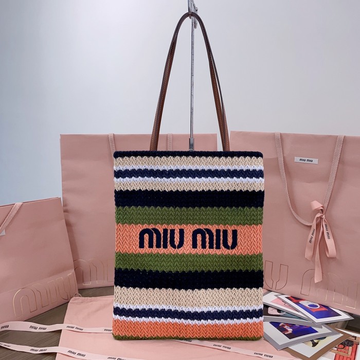 NIGO MiuMiu Women's Logo Embroidery Raffia Patchwork Cotton Thread Woven Shopping Bag Shoulder Tote Bags #nigo76743