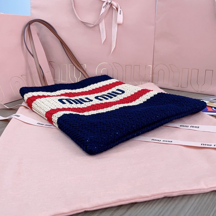 NIGO MiuMiu Women's Logo Embroidery Raffia Patchwork Cotton Thread Woven Shopping Bag Shoulder Tote Bags #nigo76743