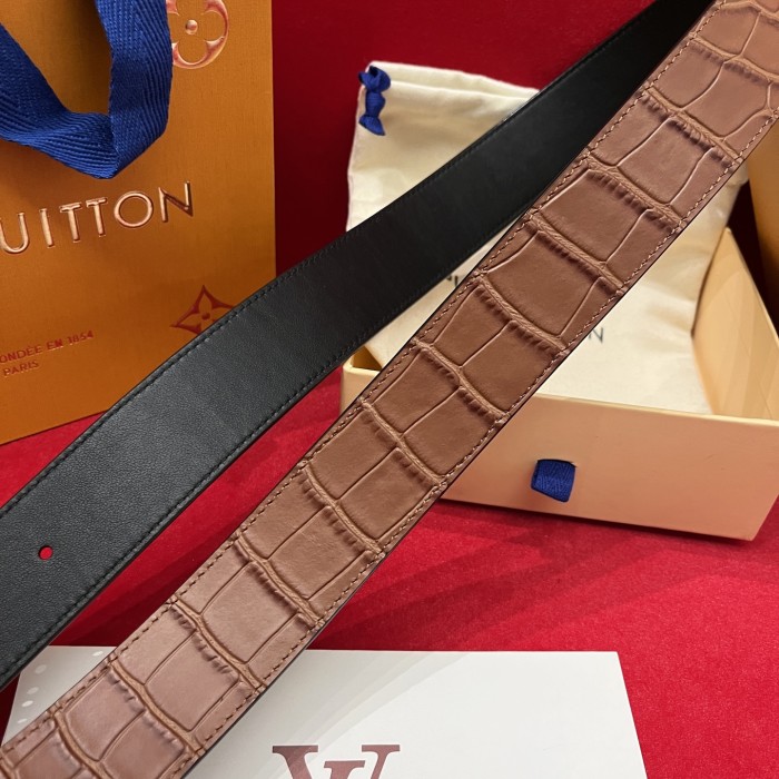 NIGO Louis Vuitton Men's Solid Coloured Calfskin Finish Crocodile Pattern Metal Buckle 4cm Belt #nigo76745