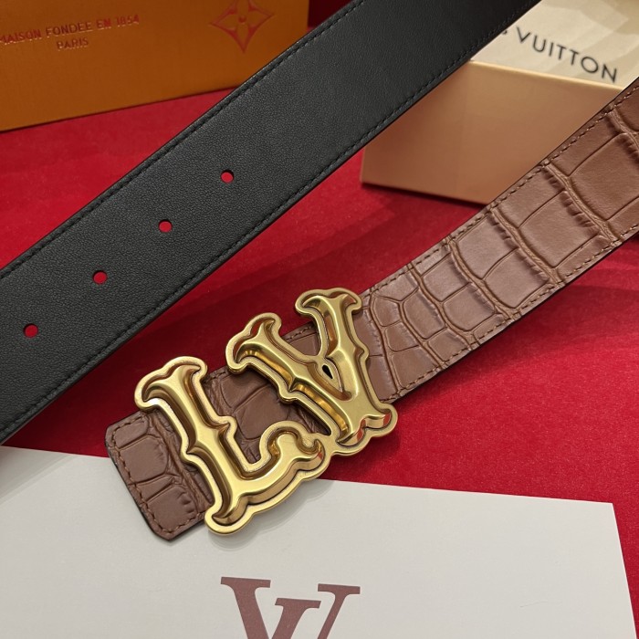 NIGO Louis Vuitton Men's Solid Coloured Calfskin Finish Crocodile Pattern Metal Buckle 4cm Belt #nigo76745