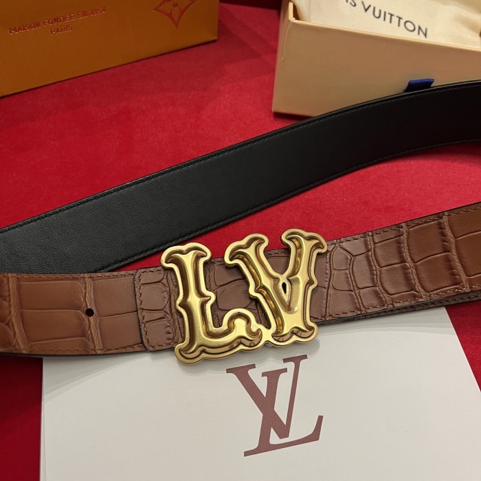 NIGO Louis Vuitton Men's Solid Coloured Calfskin Finish Crocodile Pattern Metal Buckle 4cm Belt #nigo76745