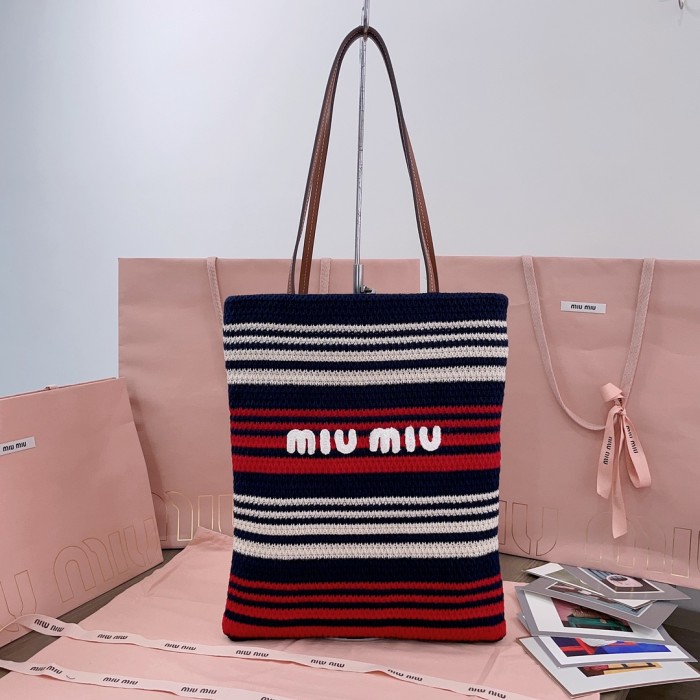 NIGO MiuMiu Women's Logo Embroidery Raffia Patchwork Cotton Thread Woven Shopping Bag Shoulder Tote Bags #nigo76743