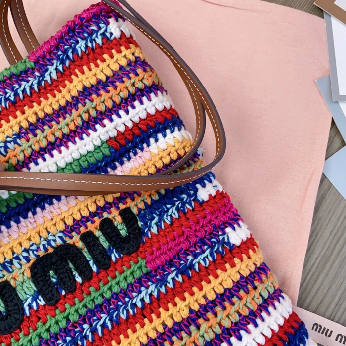 NIGO MiuMiu Women's Multicolour Embroidery Logo Crochet Shopping Bag Shoulder Handbag Tote Bags #nigo76739