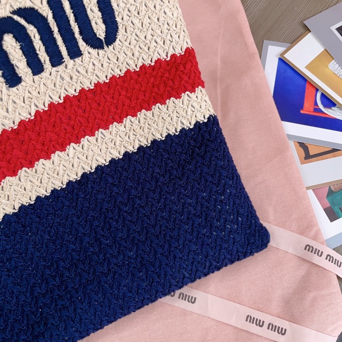 NIGO MiuMiu Women's Logo Embroidery Raffia Patchwork Cotton Thread Woven Shopping Bag Shoulder Tote Bags #nigo76743