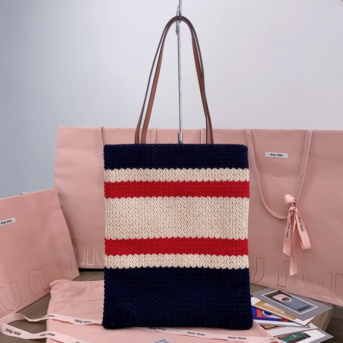 NIGO MiuMiu Women's Logo Embroidery Raffia Patchwork Cotton Thread Woven Shopping Bag Shoulder Tote Bags #nigo76743