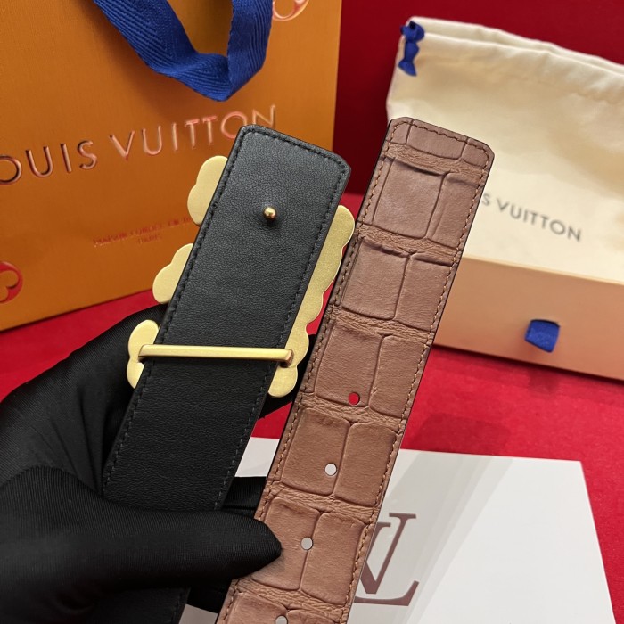 NIGO Louis Vuitton Men's Solid Coloured Calfskin Finish Crocodile Pattern Metal Buckle 4cm Belt #nigo76745