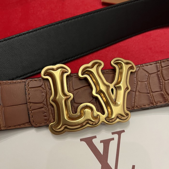 NIGO Louis Vuitton Men's Solid Coloured Calfskin Finish Crocodile Pattern Metal Buckle 4cm Belt #nigo76745
