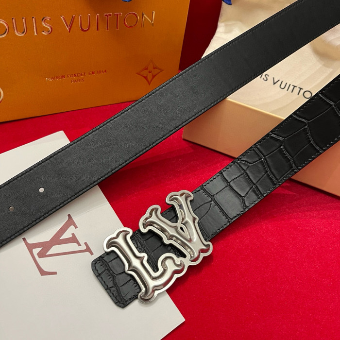 NIGO Louis Vuitton Men's Solid Coloured Calfskin Finish Crocodile Pattern Metal Buckle 4cm Belt #nigo76745