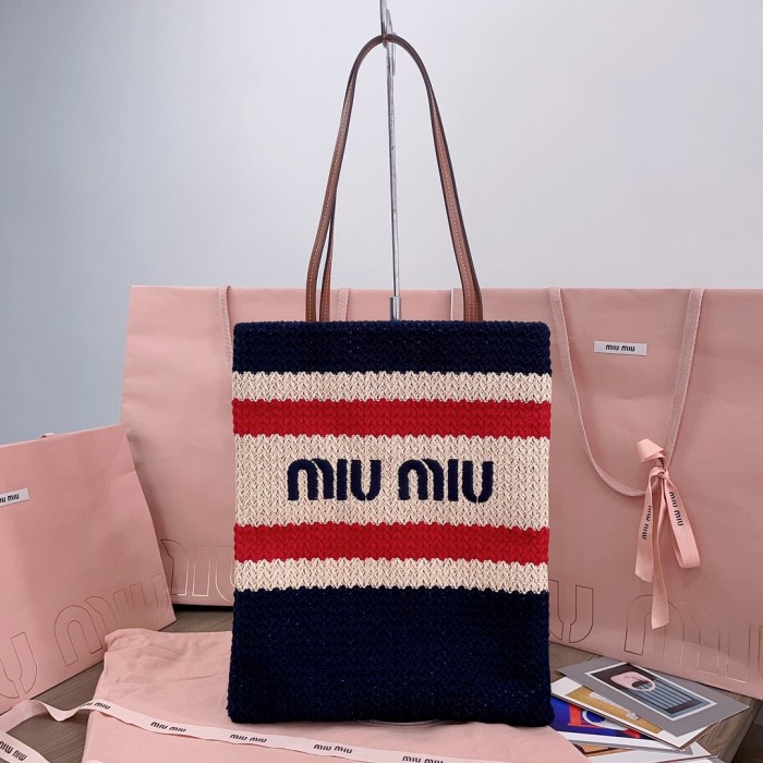 NIGO MiuMiu Women's Logo Embroidery Raffia Patchwork Cotton Thread Woven Shopping Bag Shoulder Tote Bags #nigo76743