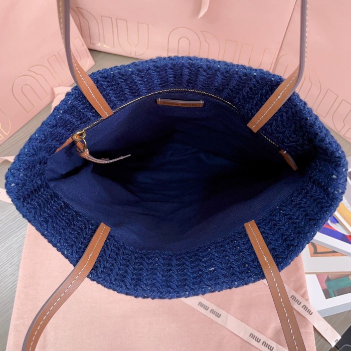 NIGO MiuMiu Women's Logo Embroidery Raffia Patchwork Cotton Thread Woven Shopping Bag Shoulder Tote Bags #nigo76743
