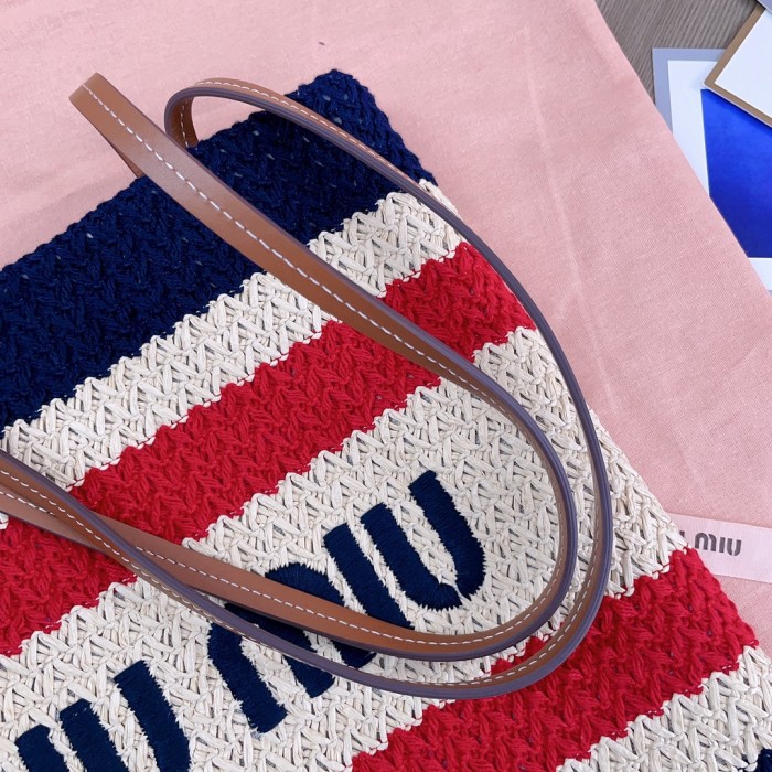 NIGO MiuMiu Women's Logo Embroidery Raffia Patchwork Cotton Thread Woven Shopping Bag Shoulder Tote Bags #nigo76743