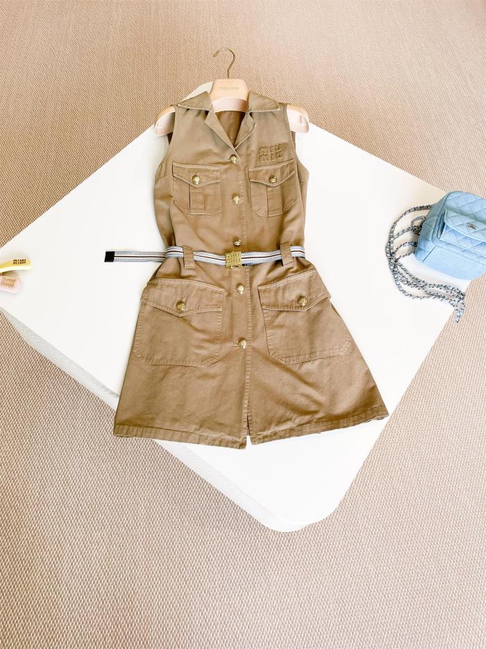 NIGO MiuMiu Women's Summer Solid Colour Letter Pocket Drawstring Waist Sleeveless Single Breasted Dress #nigo76753