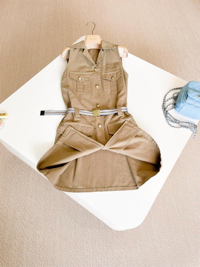 NIGO MiuMiu Women's Summer Solid Colour Letter Pocket Drawstring Waist Sleeveless Single Breasted Dress #nigo76753