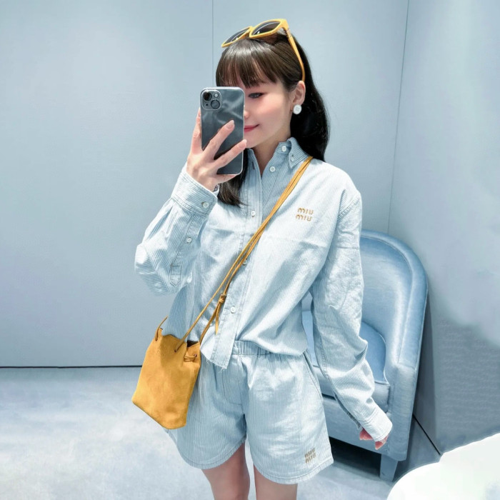 NIGO MiuMiu Women's Striped Printed Solid Colour Single Breasted Long Sleeve Denim Shirt Jacket Casual Elastic Waist Shorts Set Suit #nigo76754
