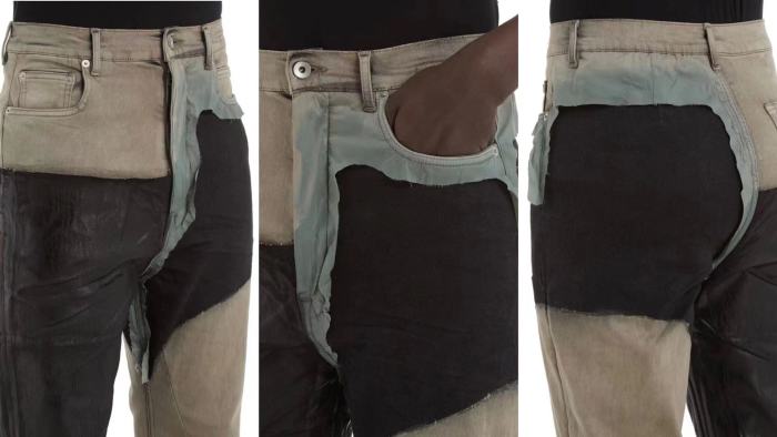NIGO Rick Owens Men's Spring and Autumn Old Wash Splicing Coating Wax Pants Wide Leg Flare Jeans Pants #nigo76795