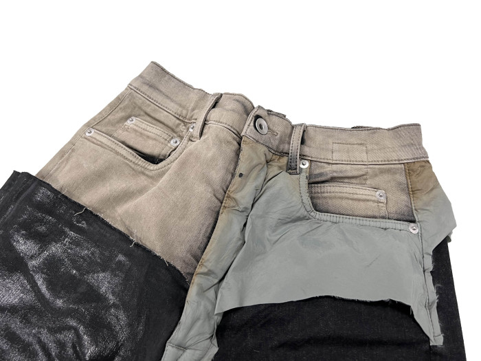 NIGO Rick Owens Men's Spring and Autumn Old Wash Splicing Coating Wax Pants Wide Leg Flare Jeans Pants #nigo76795