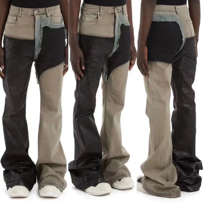 NIGO Rick Owens Men's Spring and Autumn Old Wash Splicing Coating Wax Pants Wide Leg Flare Jeans Pants #nigo76795