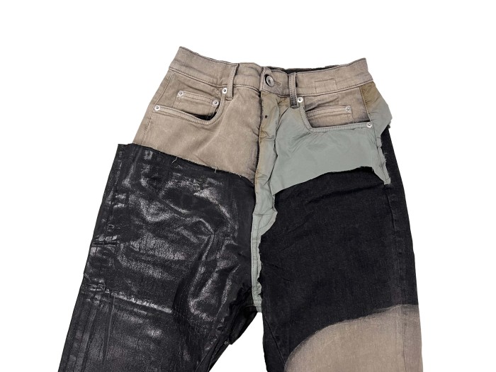 NIGO Rick Owens Men's Spring and Autumn Old Wash Splicing Coating Wax Pants Wide Leg Flare Jeans Pants #nigo76795
