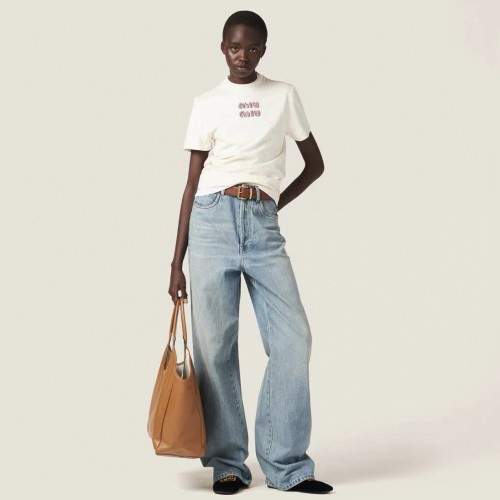 NIGO MiuMiu Women's Summer Solid Color Embroidery Beaded Letter Print Round Neck Short Sleeve T-Shirt #nigo76798
