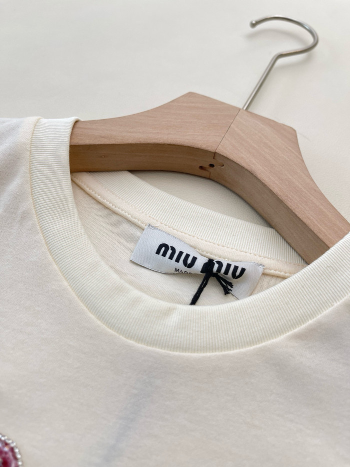 NIGO MiuMiu Women's Summer Solid Color Embroidery Beaded Letter Print Round Neck Short Sleeve T-Shirt #nigo76798