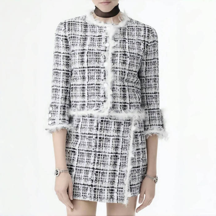 NIGO Chanel Women's Spring/Summer Cotton Tweed Feather Solid Color Long Sleeve Jacket Coat Casual Plaid Shorts Suit Set Ngvp #nigo1558