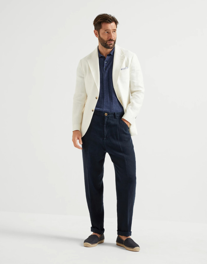 NIGO Brunello Cucinelli Men's Summer Solid Color Fitted Short Sleeve Linen And Cotton Wide Rib Knit Polo Shirt Ngvp #nigo1559