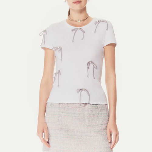 NIGO Chanel Women's Summer Solid Colour Embroidery Cotton Jersey Knit Fabric Stereo Bow Short Sleeve T-Shirt #nigo76868