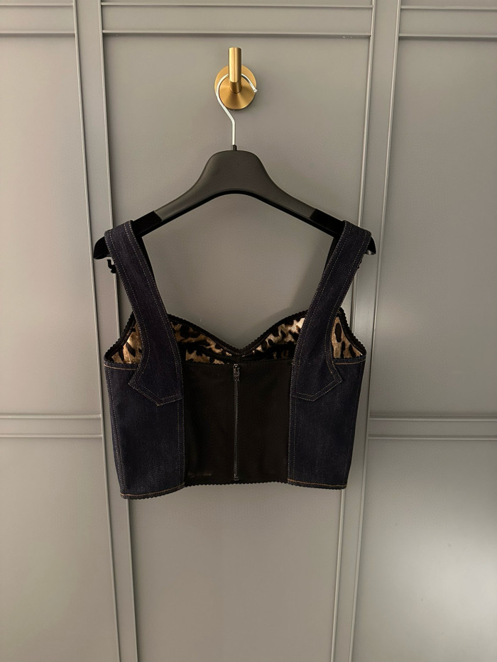 NIGO Dolce&Gabbana Women's Solid Colour Vest Washed Denim Bra Style Suspender Jacket Lined Leopard Printed #nigo76862