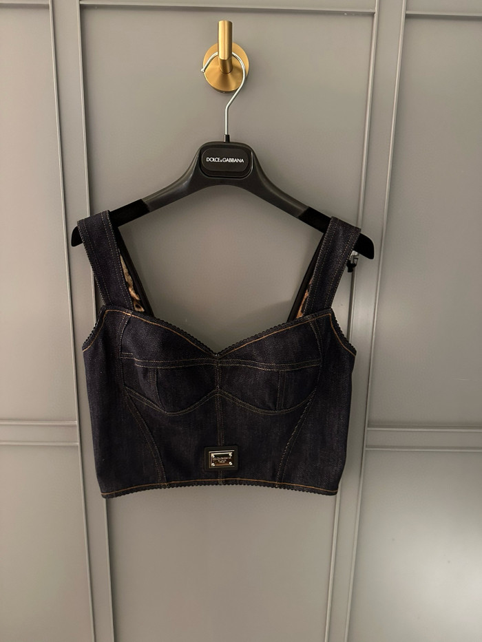 NIGO Dolce&Gabbana Women's Solid Colour Vest Washed Denim Bra Style Suspender Jacket Lined Leopard Printed #nigo76862