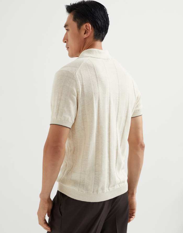 NIGO Brunello Cucinelli Men's Summer Solid Color Fitted Short Sleeve Linen And Cotton Wide Rib Knit Polo Shirt Ngvp #nigo1559