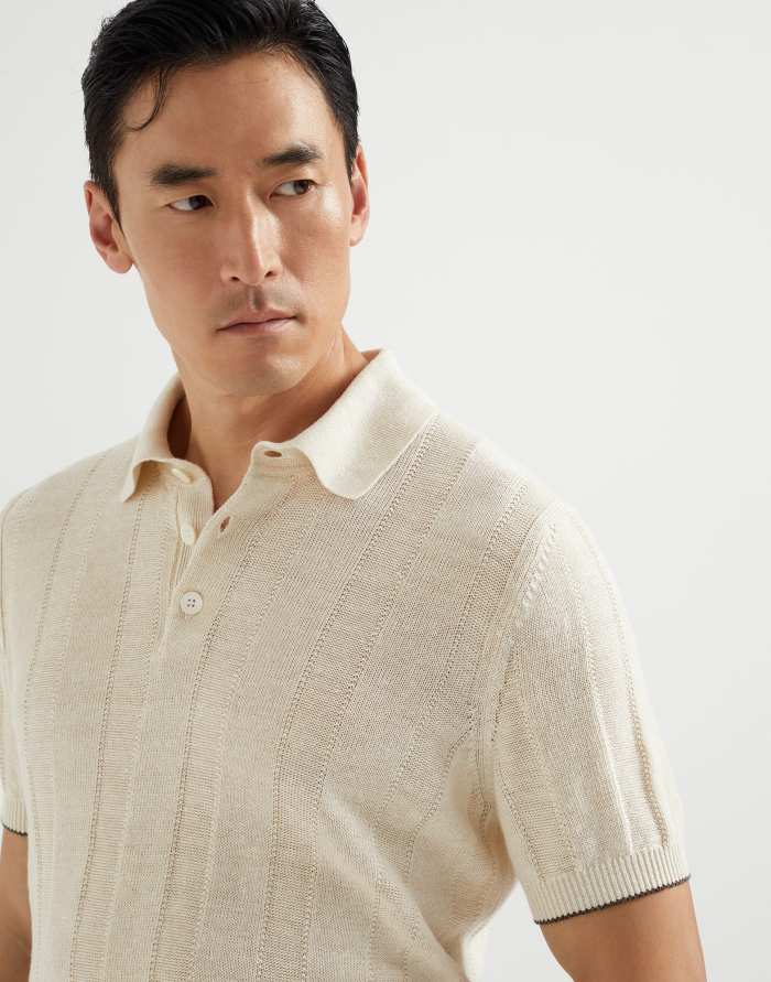 NIGO Brunello Cucinelli Men's Summer Solid Color Fitted Short Sleeve Linen And Cotton Wide Rib Knit Polo Shirt Ngvp #nigo1559