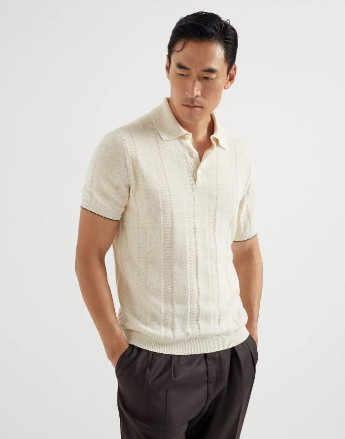 NIGO Brunello Cucinelli Men's Summer Solid Color Fitted Short Sleeve Linen And Cotton Wide Rib Knit Polo Shirt Ngvp #nigo1559